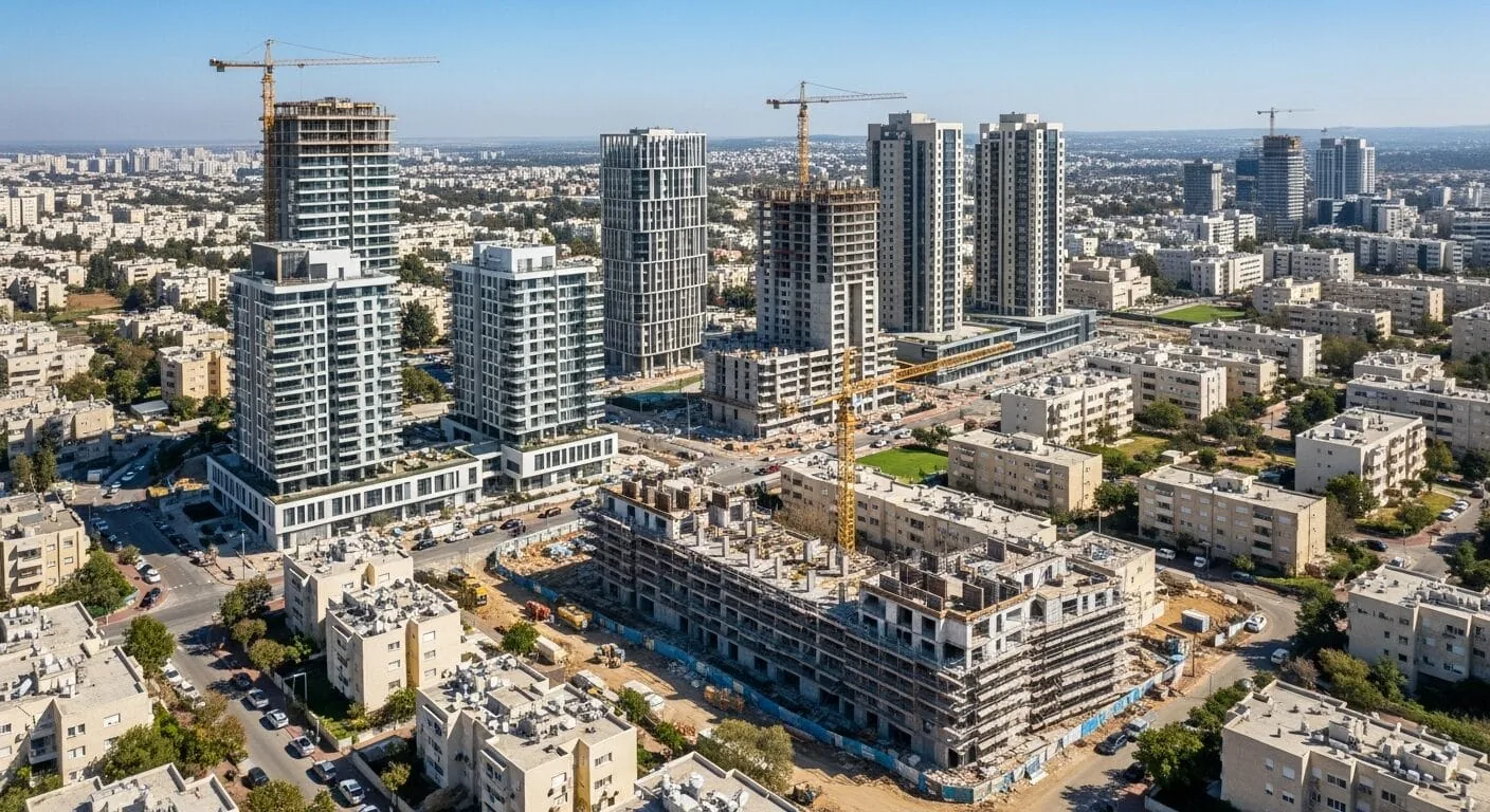 Illustration: an aerial view of a city with residential towers, buildings under construction and tower cranes