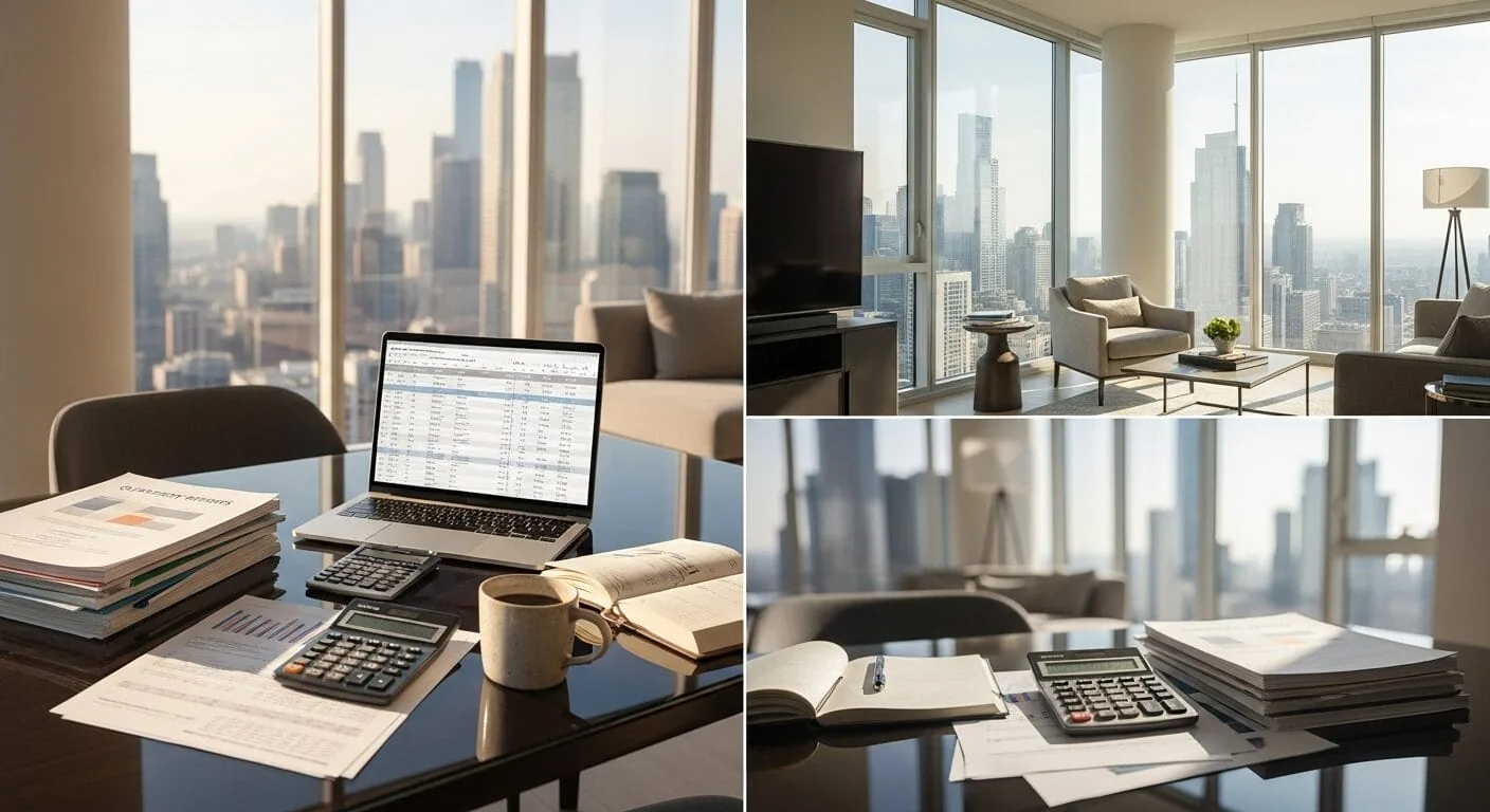Illustration: three views of a high-rise apartment with a city skyline behind the windows, a laptop with a table, calculators, notebooks and stacks of papers on a glass table