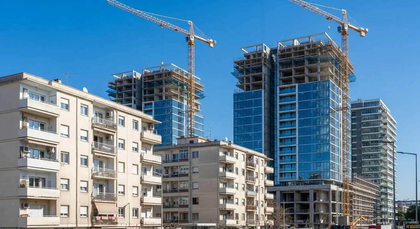 הדמיה: בניין מגורים ותיק לצד מגדלי מגורים חדשים בבנייה, עם מנופי בנייה, מתחת לשמיים כחולים