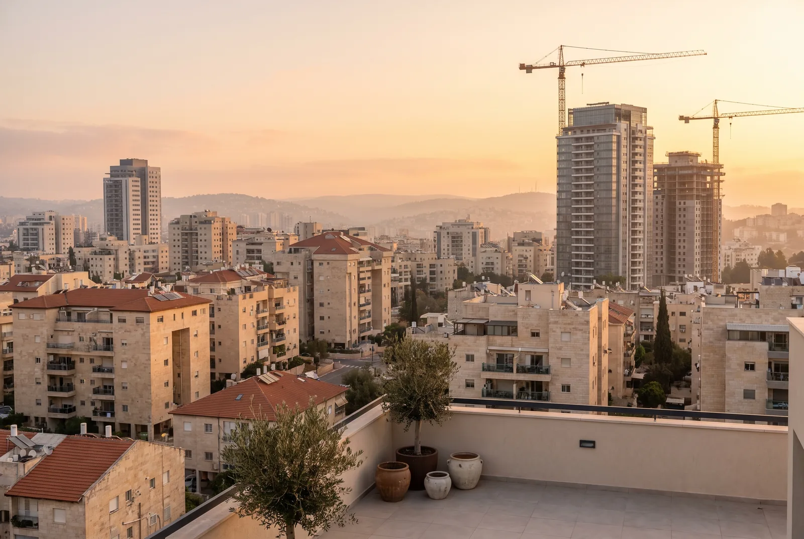 הדמיה: מבט מגג על עיר עם בנייני מגורים, מגדלים חדשים ומנופים באופק