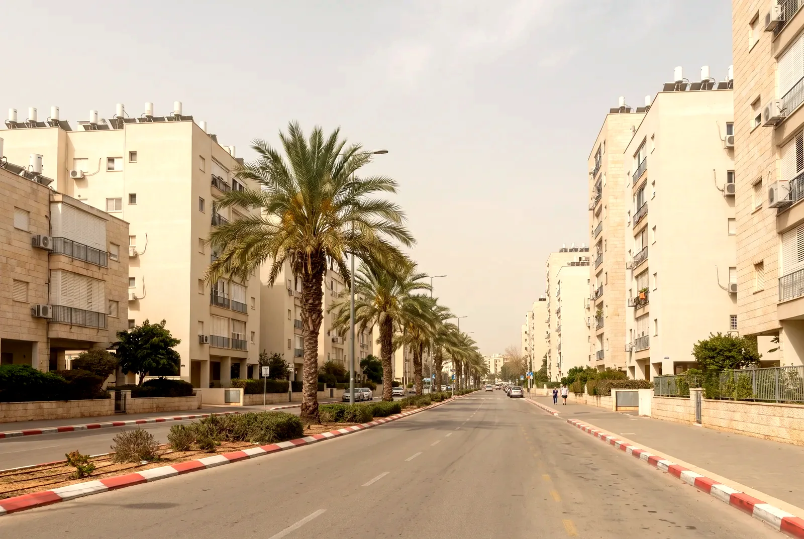 הדמיה: שדרה עירונית עם דקלים בקו האמצע ובנייני מגורים בני שש עד שמונה קומות משני צדיה, עם תנועה קלה