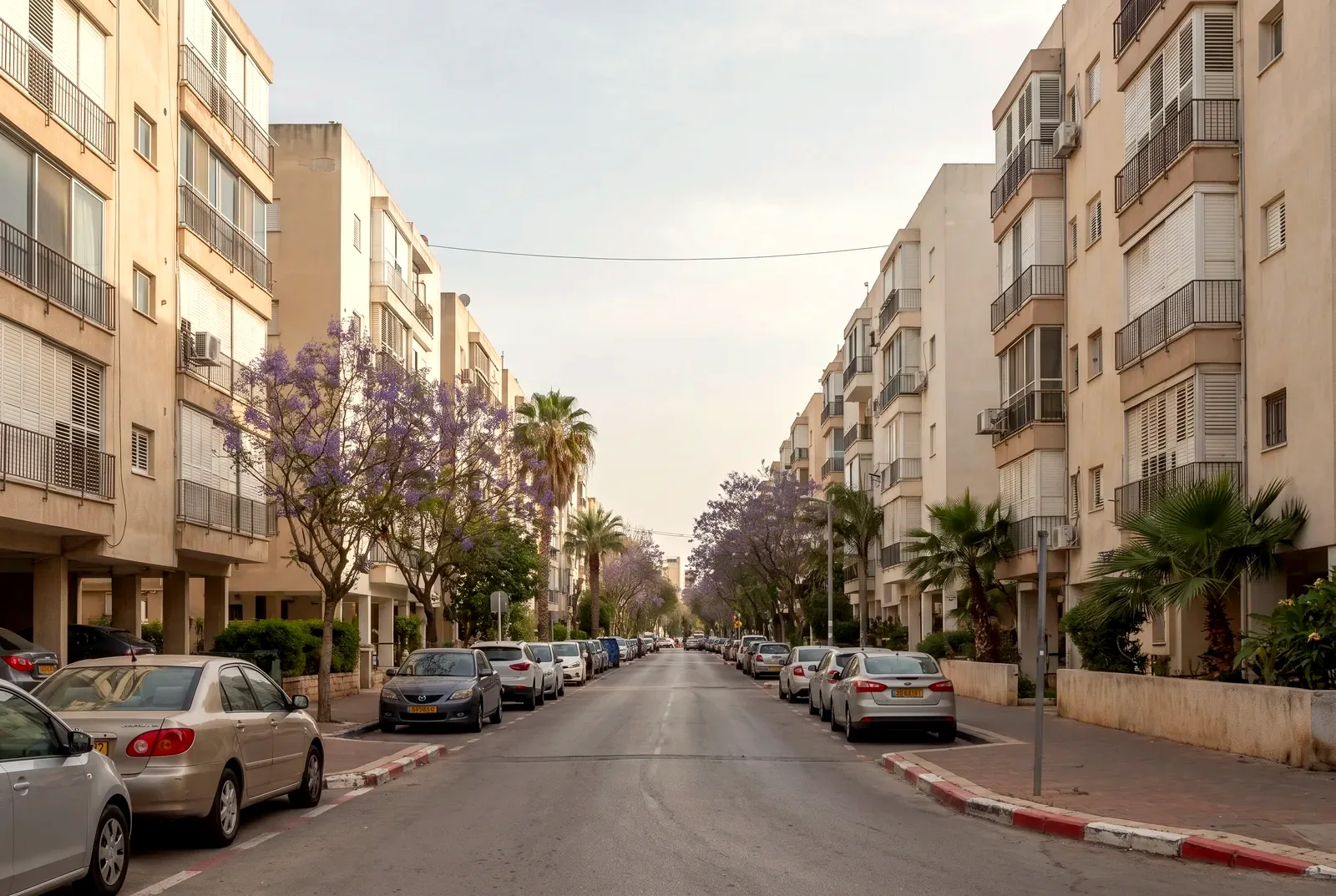 הדמיה: רחוב ארוך עם בנייני דירות של חמש ושש קומות, עצי ג'קרנדה וחניות לאורך המדרכה.