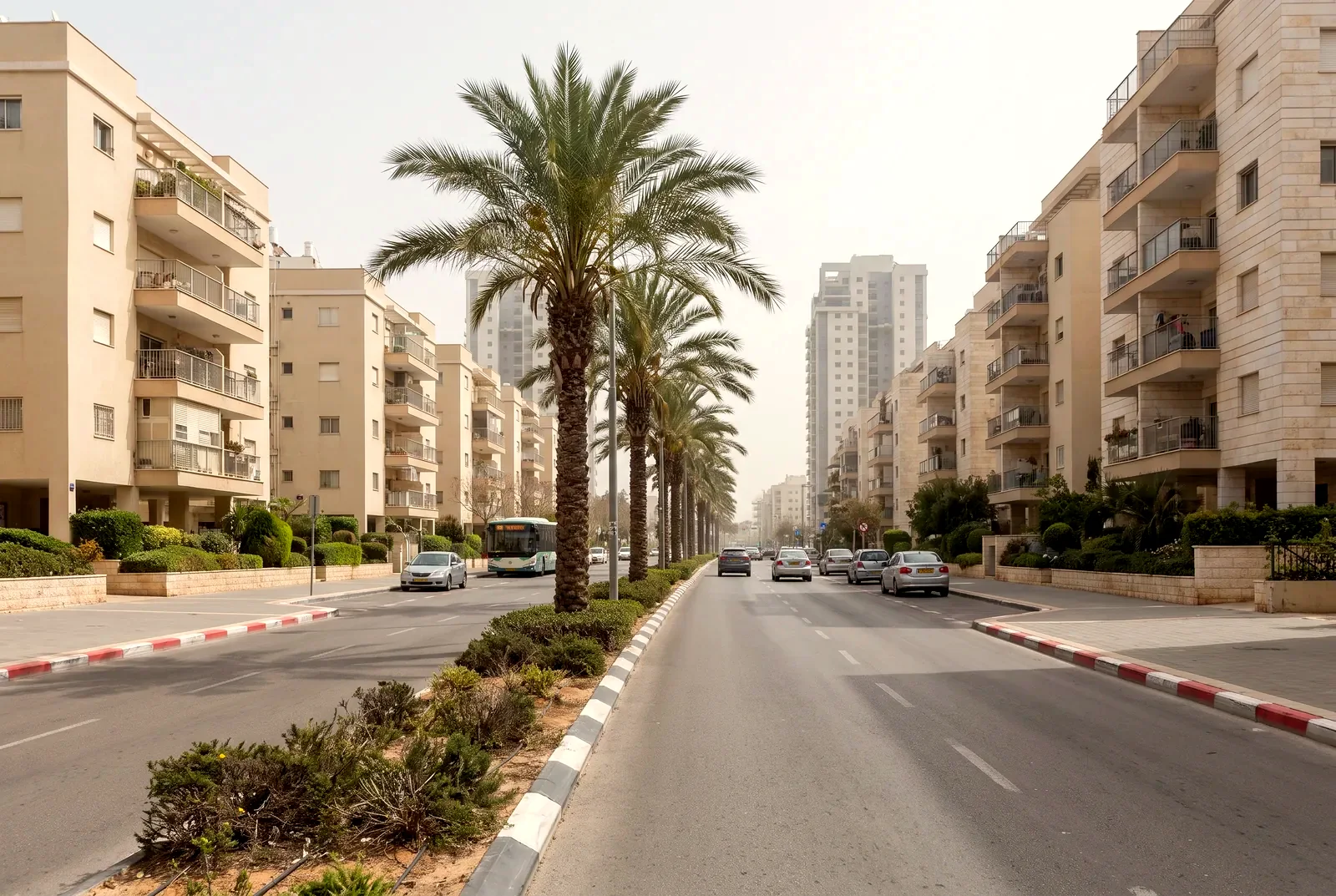 הדמיה: שדרה עירונית רחבה עם שדרת דקלים בין הנתיבים, תנועה קלה ובנייני דירות משני הצדדים.