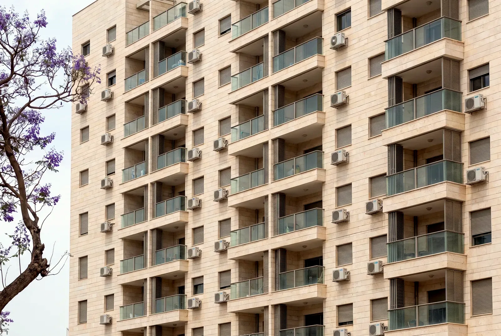 הדמיה: חזית של בניין מגורים גדול עם סידור מסודר של מרפסות זכוכית וענף ג'קרנדה בקצה