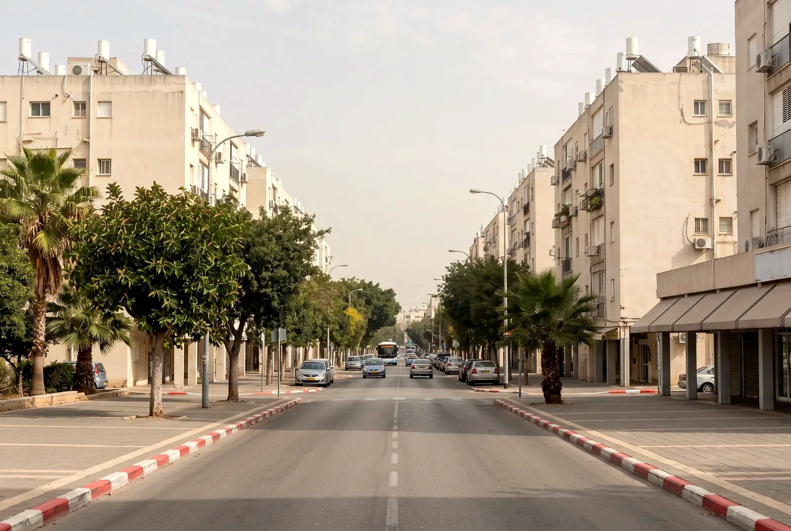 Illustration: a main city boulevard with light traffic, five-storey apartment buildings on both sides of the road, and fig trees and a palm along it