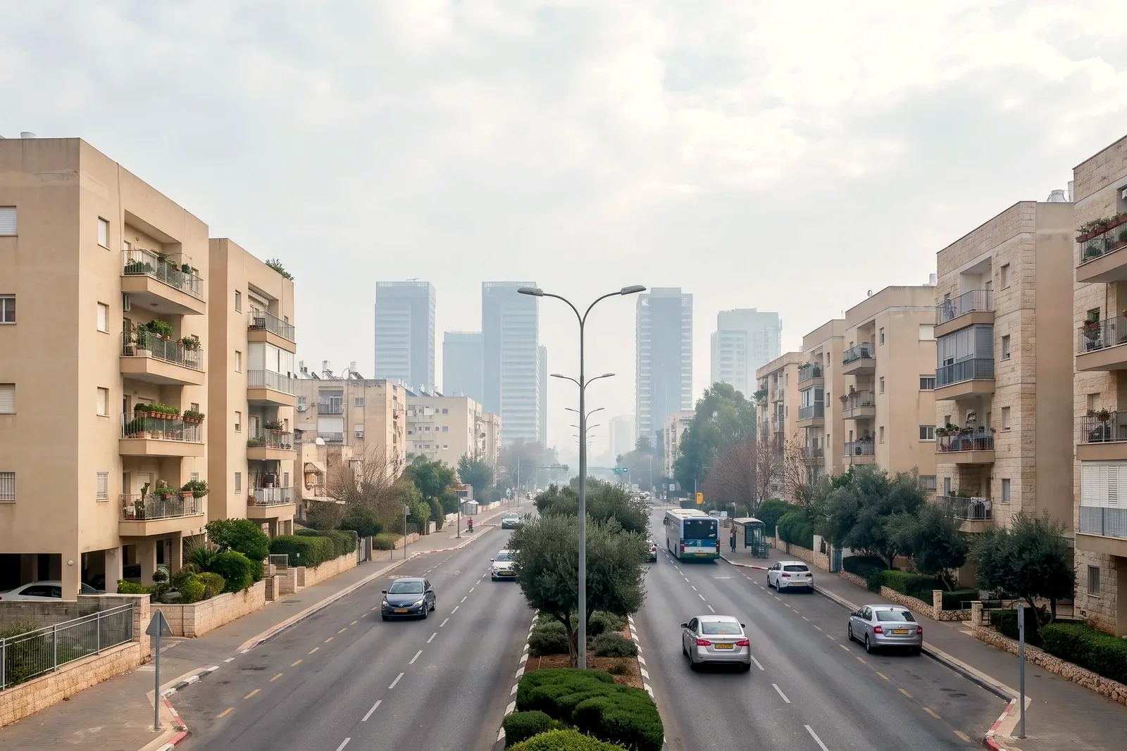 הדמיה: שדרה עירונית רחבה עם תנועה קלה ואי תנועה נטוע, בנייני דירות מטופחים משני צדי הכביש ומגדלים באובך באופק.