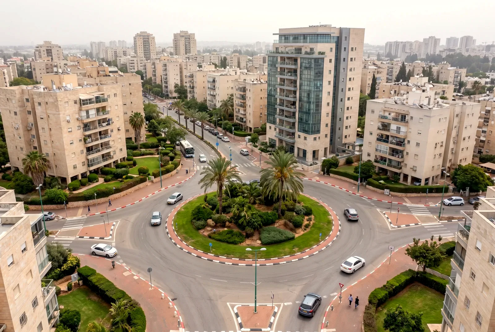הדמיה: מבט מהאוויר על כיכר תנועה עם דקלים ובנייני מגורים סביבה