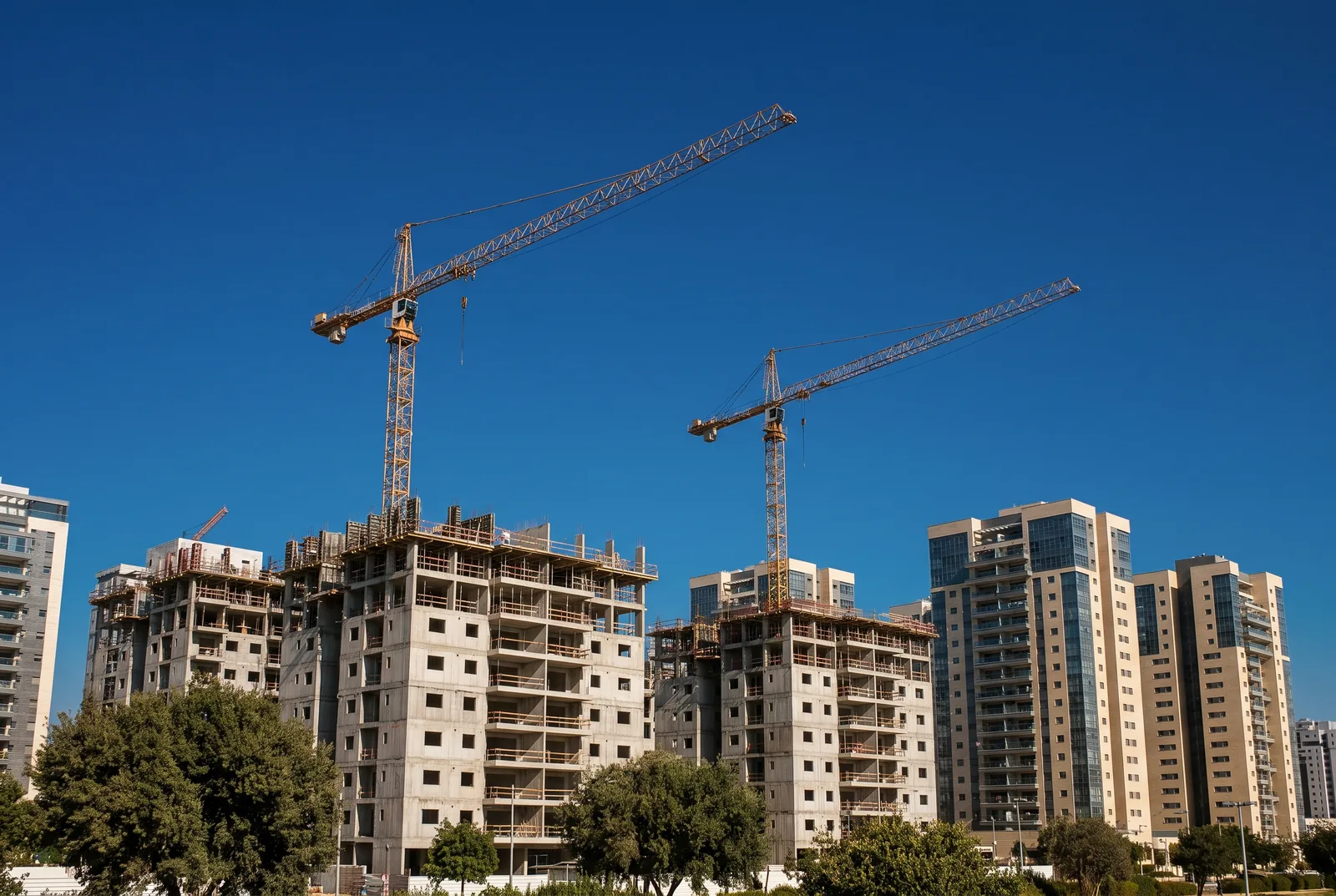 הדמיה: מנופים מעל מגדלי מגורים בבנייה, לצד מגדלים חדשים, על רקע שמיים כחולים