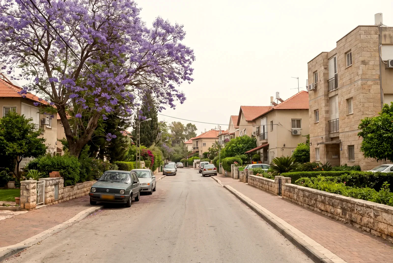 הדמיה: רחוב שכונתי ירוק עם בתים פרטיים, בנייני דירות נמוכים ועץ סיגלון פורח