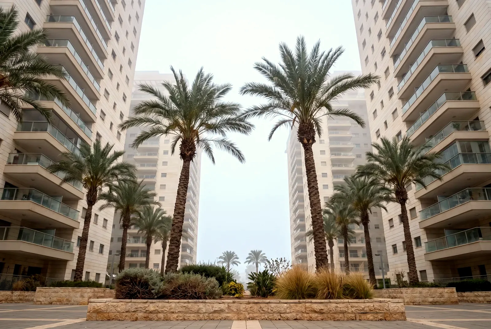 הדמיה: מבט כלפי מעלה בין שני מגדלי מגורים מכיכר מגוננת עם דקלים