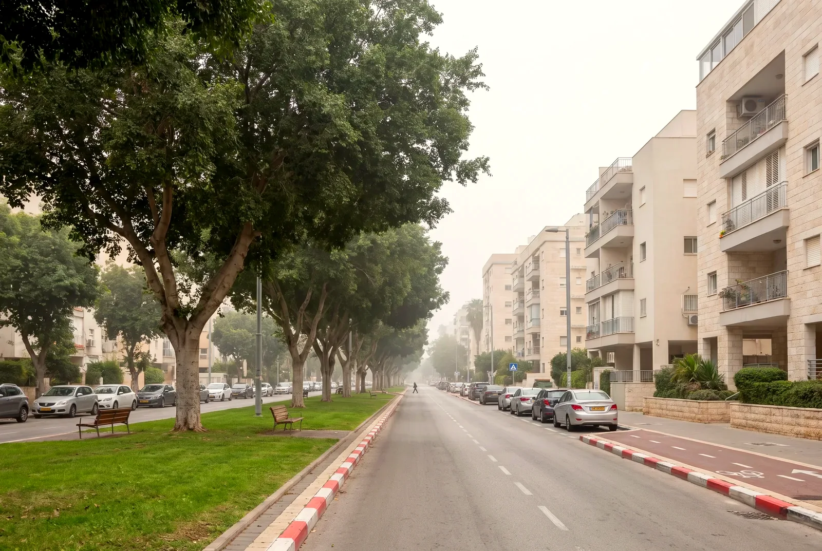 הדמיה: שדרת מגורים רחבה עם עצים, שביל אופניים ובנייני מגורים מטופחים
