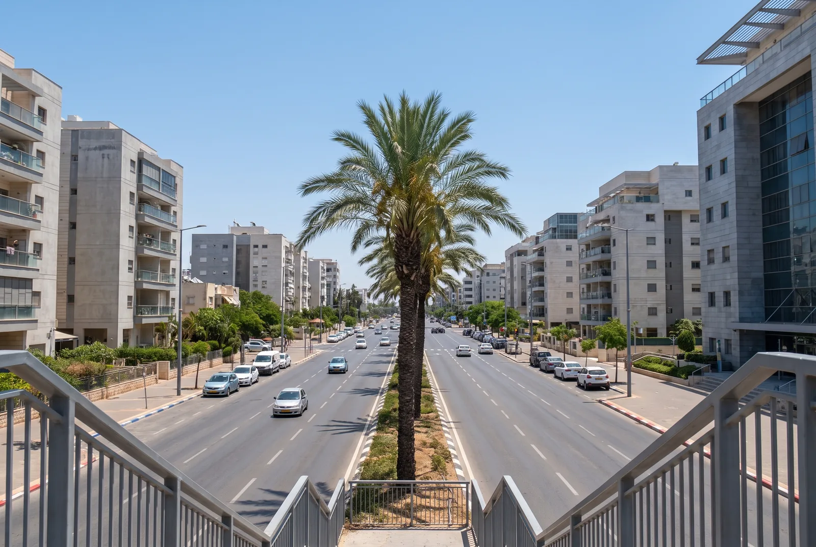הדמיה: שדרה רחבה עם שורת דקלים ובנייני מגורים ומשרדים, ביום בהיר