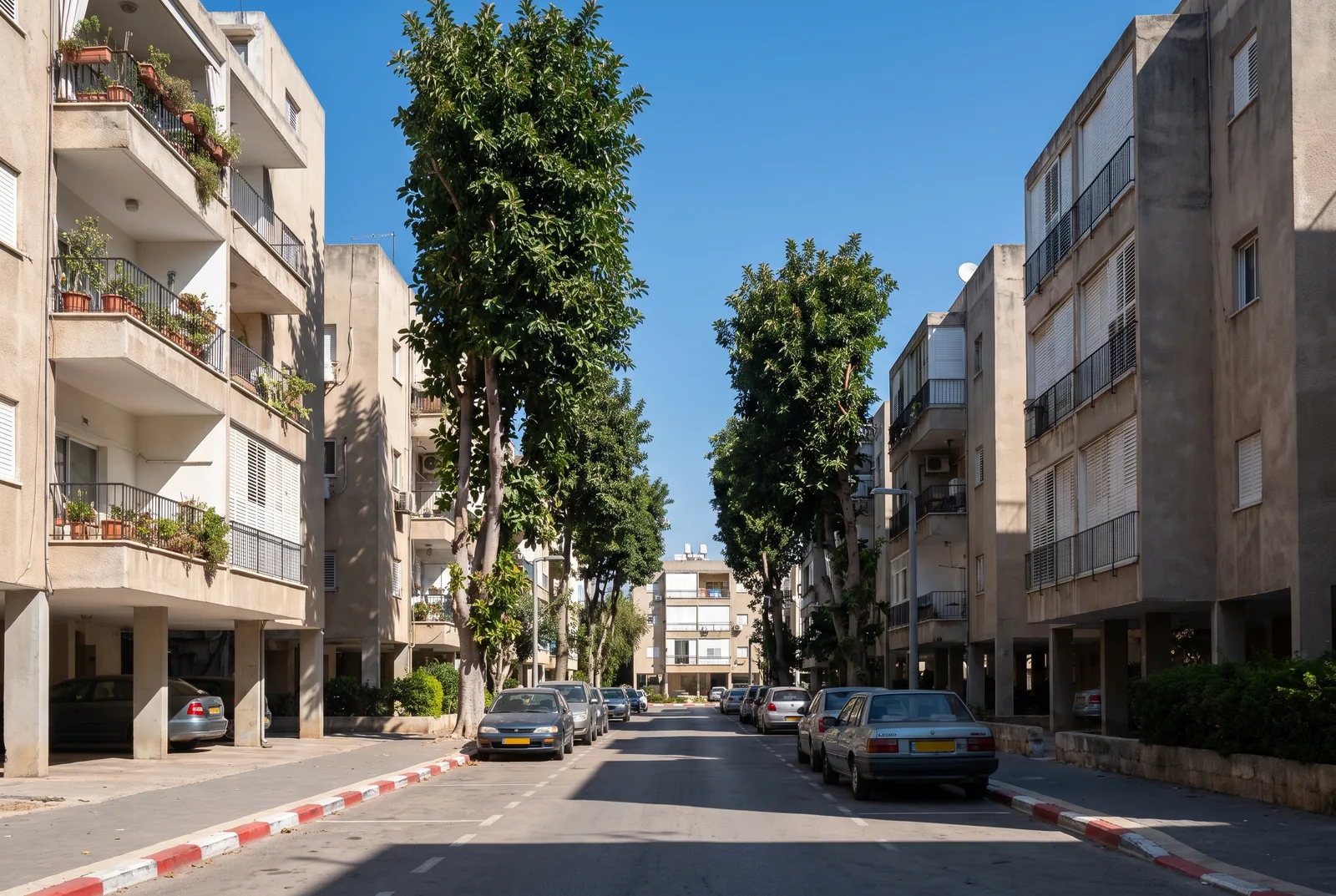 הדמיה: רחוב מגורים שקט ומטופח עם בנייני דירות ועצים גבוהים, ביום בהיר