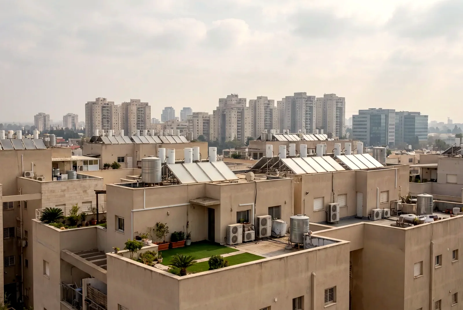 הדמיה: גגות שטוחים עם דודי שמש ברקע קו הרקיע של מגדלי מגורים בעיר.