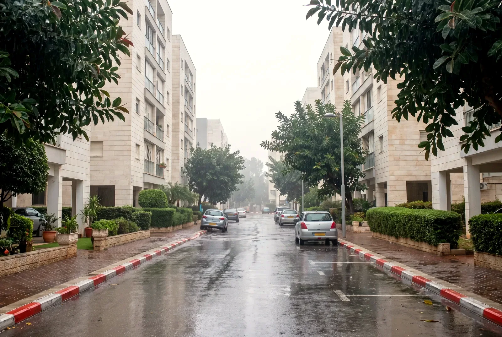 הדמיה: רחוב מגורים מסודר באור מעונן אחרי גשם, עם אספלט רטוב ובנייני אבן