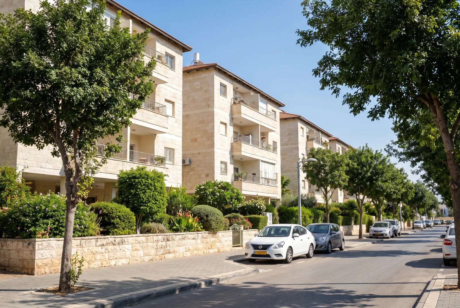 הדמיה: שורה של בנייני מגורים מטופחים עם גינות קטנות ועצים, ביום בהיר