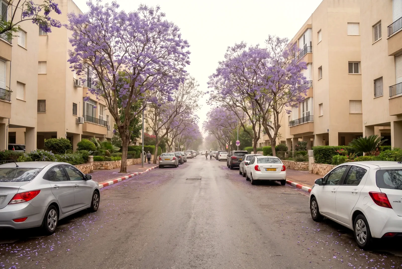 הדמיה: רחוב שקט בשכונת מגורים עם עצי ג'קרנדה פורחים בסגול ובנייני דירות בני חמש קומות.