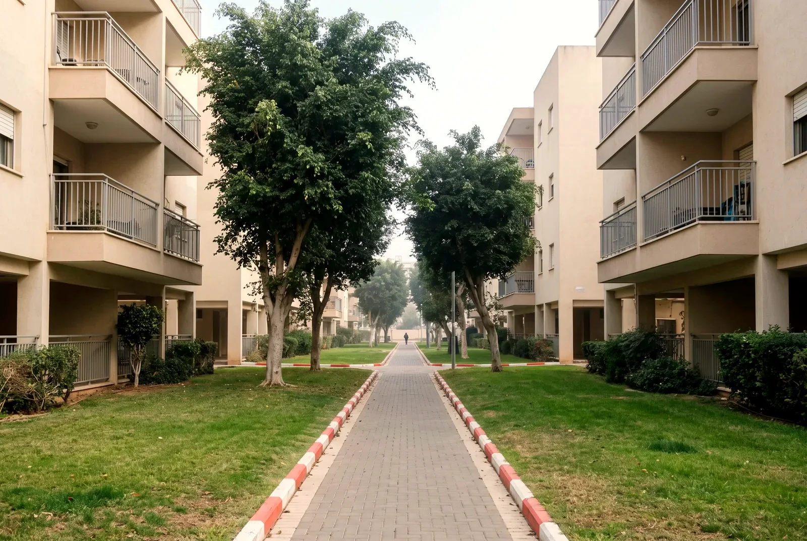הדמיה: שביל הולכי רגל מרוצף בין בנייני דירות, עם דשא ועצי פיקוס