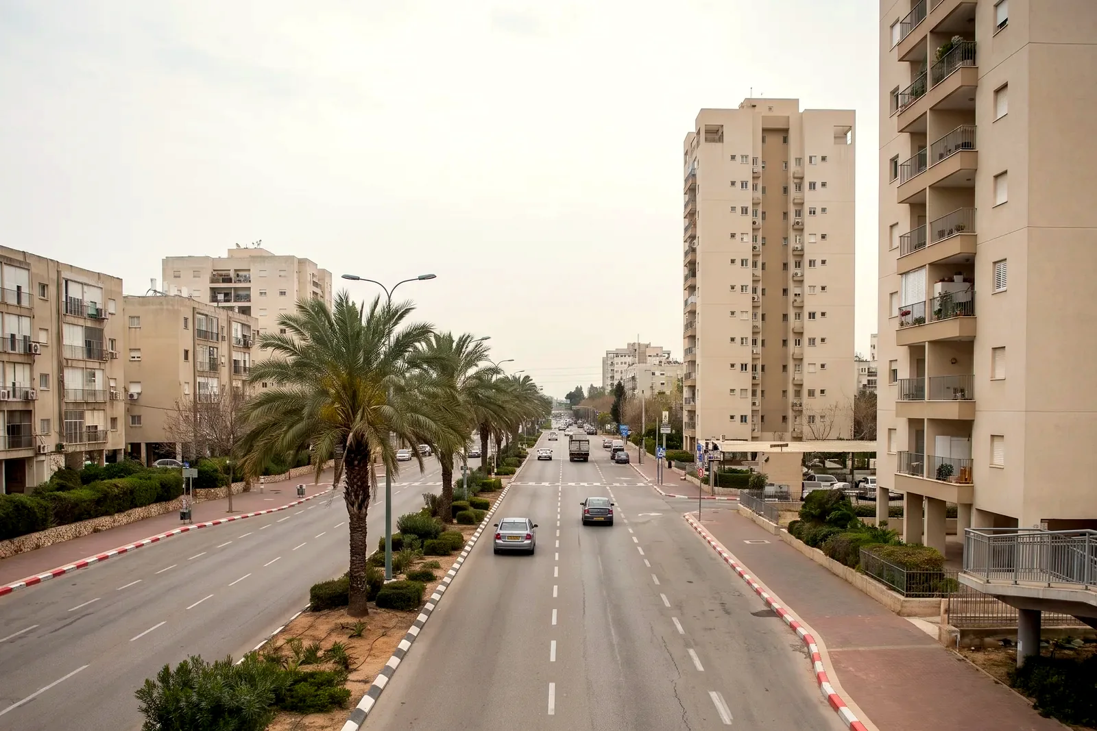 הדמיה: מבט מגשר הולכי רגל על שדרה עם תנועה קלה, דקלים ובנייני מגורים