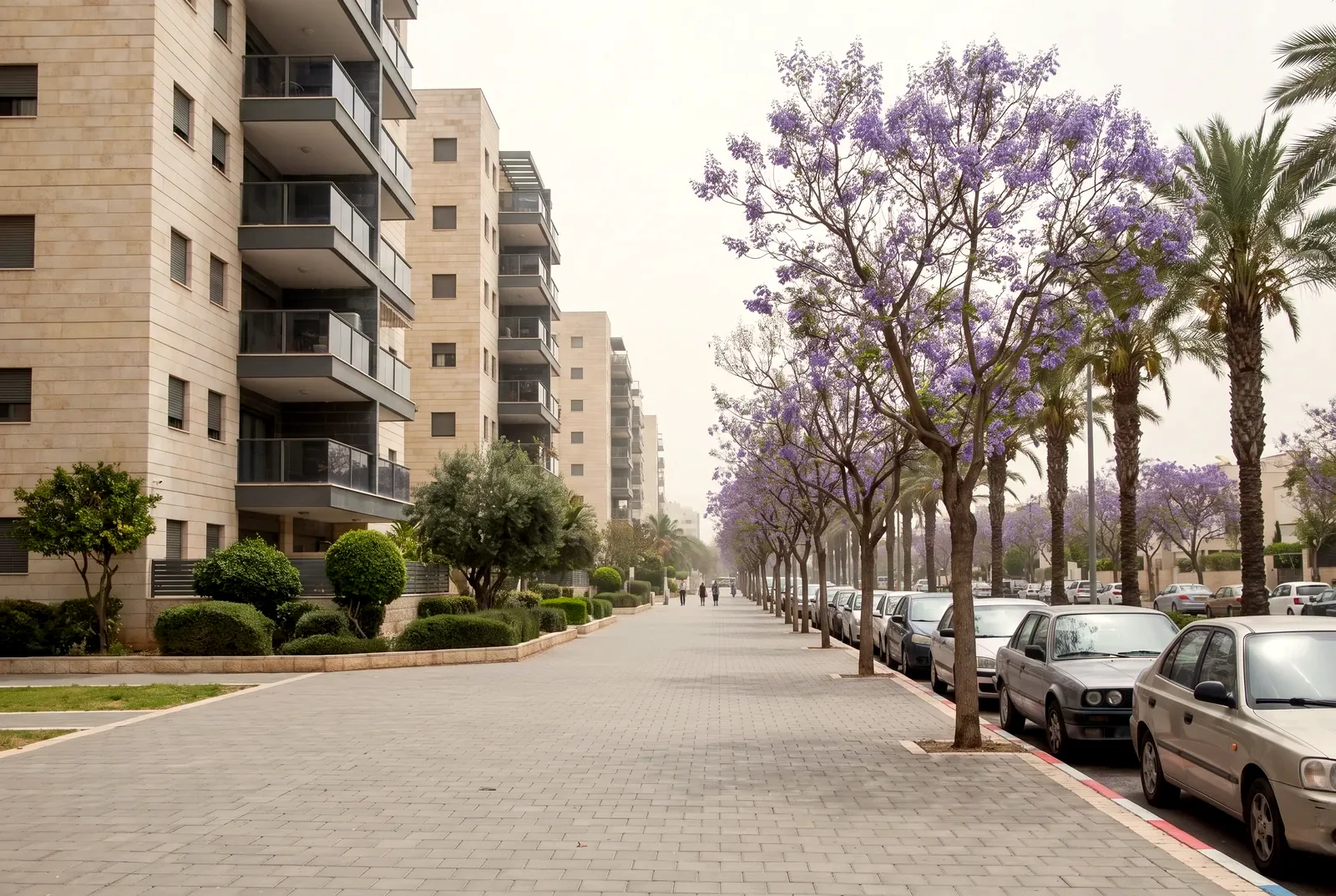 הדמיה: רחוב מגורים רחב עם עצי ג'קרנדה ודקלים ובנייני דירות חדשים עם מרפסות זכוכית