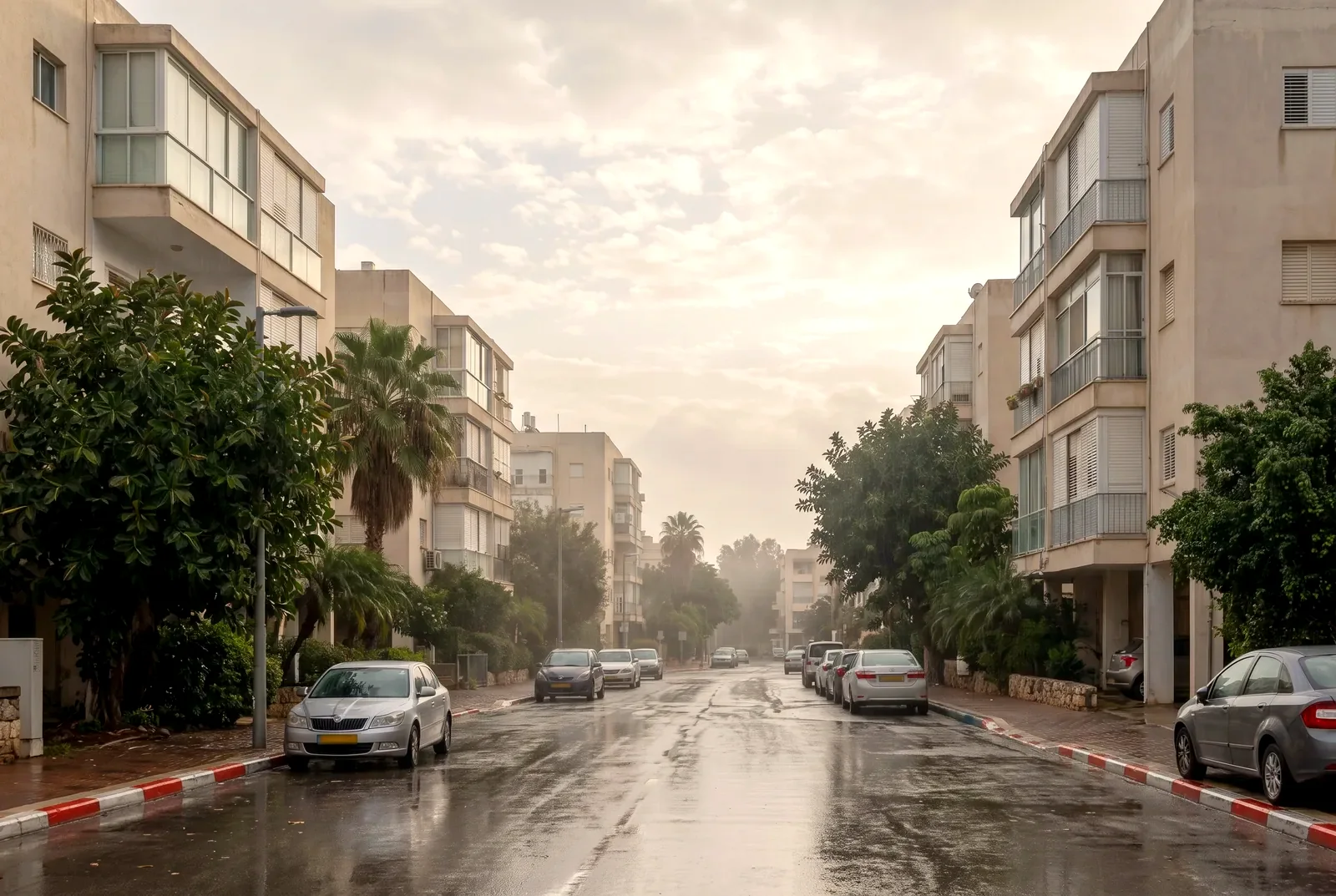 הדמיה: רחוב מגורים מסודר מיד אחרי גשם, עם אספלט רטוב, עצים ובנייני דירות