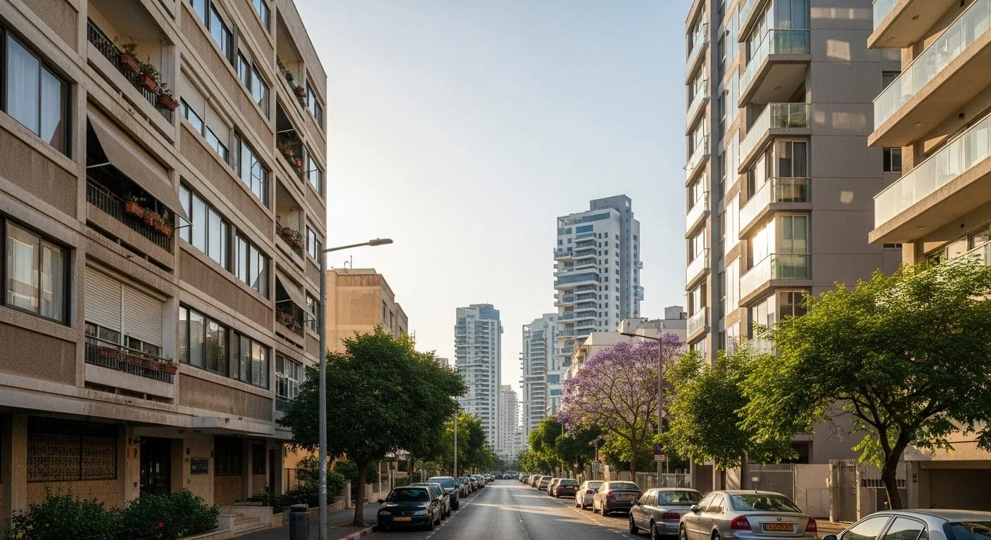 איור: רחוב עם עצים באור של אחר הצהריים, בניין מגורים ותיק ולצדו מגדלי מגורים חדשים