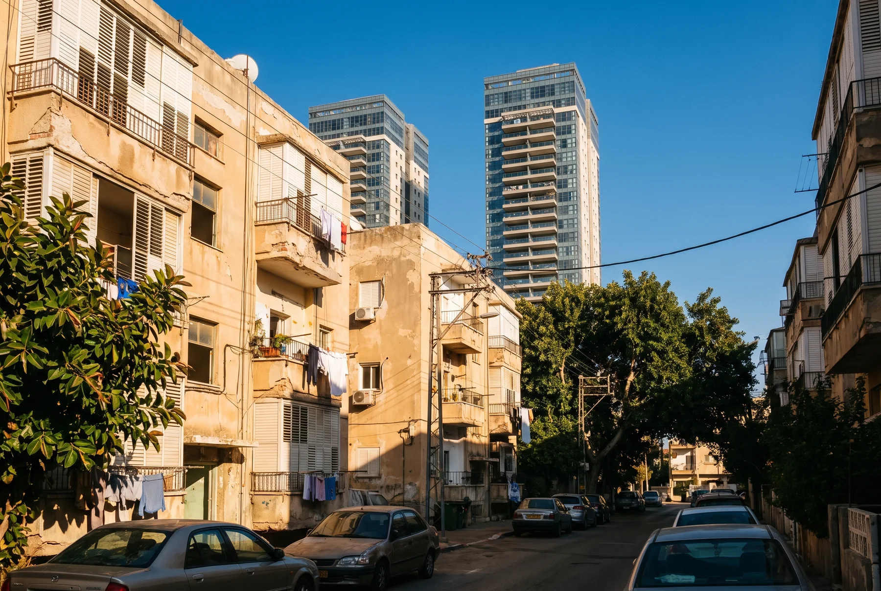 הדמיה: רחוב בשכונה ותיקה, בנייני שיכון נמוכים בצבע חול עם מרפסות, ומאחוריהם שני מגדלי מגורים חדשים