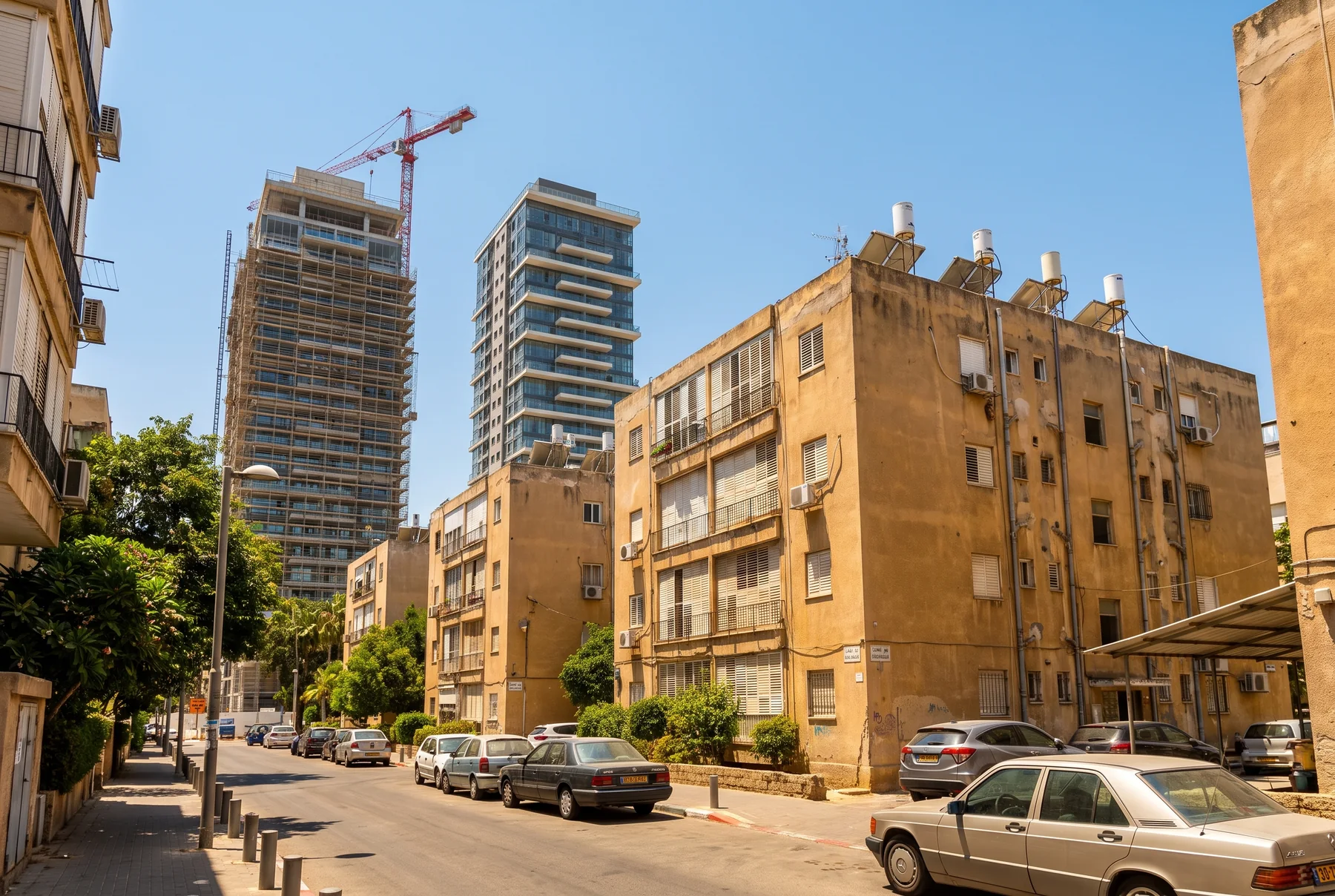 הדמיה: בניין שיכון ותיק בצבע חול, ומאחוריו שני מגדלי מגורים חדשים, אחד מהם עדיין בבנייה עם מנוף