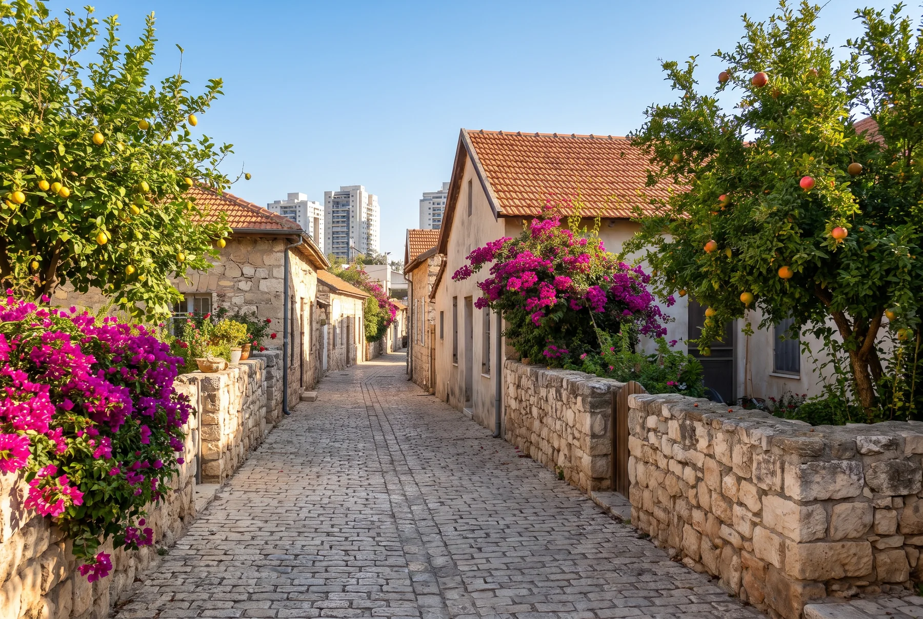 הדמיה: סמטה שקטה בשכונה ותיקה, בתים נמוכים עם גגות רעפים, גדרות אבן ועצי פרי, ומרחוק בניינים חדשים