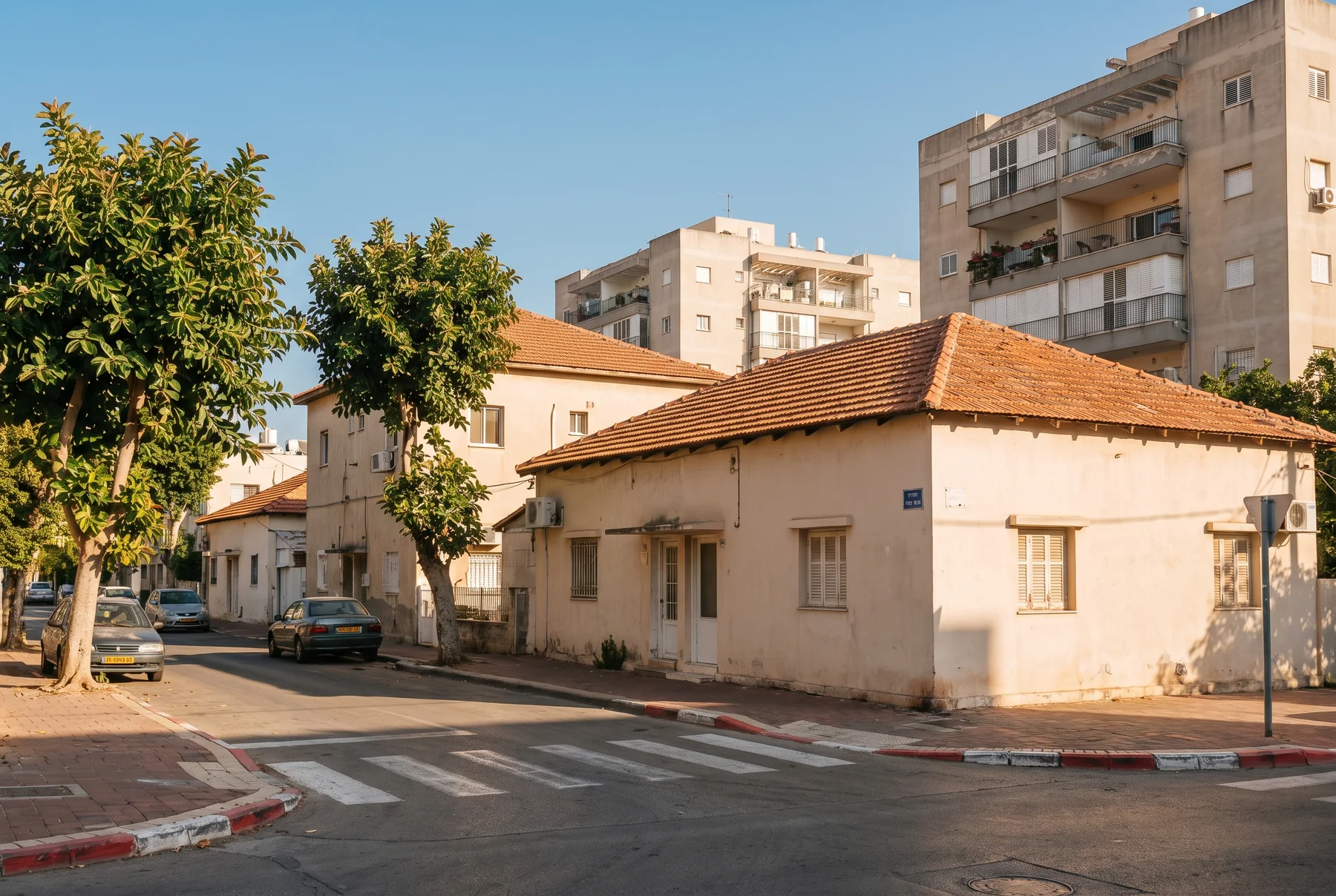 הדמיה: רחוב בשכונה ותיקה, בתים נמוכים עם גגות רעפים ומאחוריהם בנייני מגורים חדשים