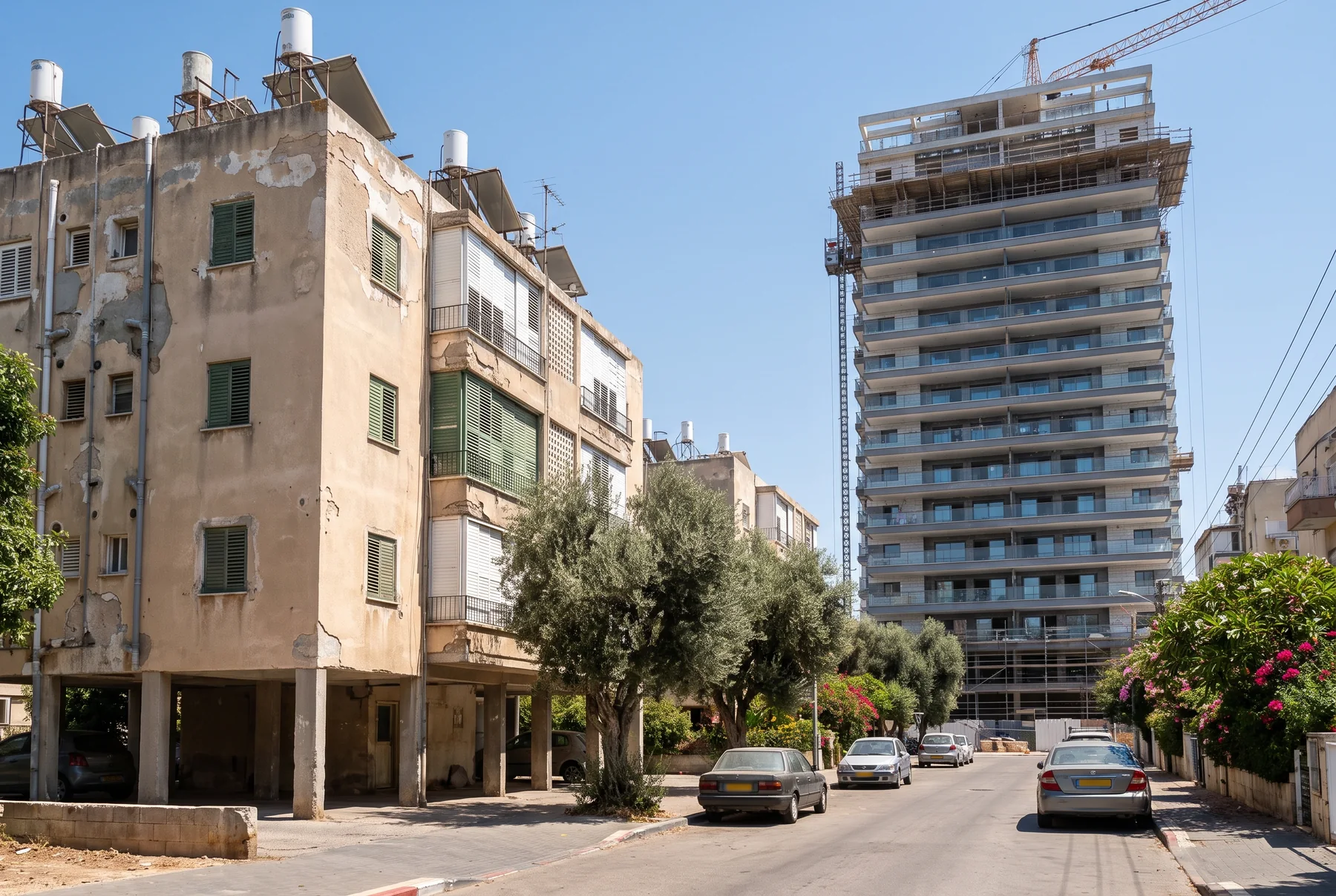 הדמיה: בניין מגורים ותיק על עמודים, ולצדו מגדל מגורים חדש בבנייה