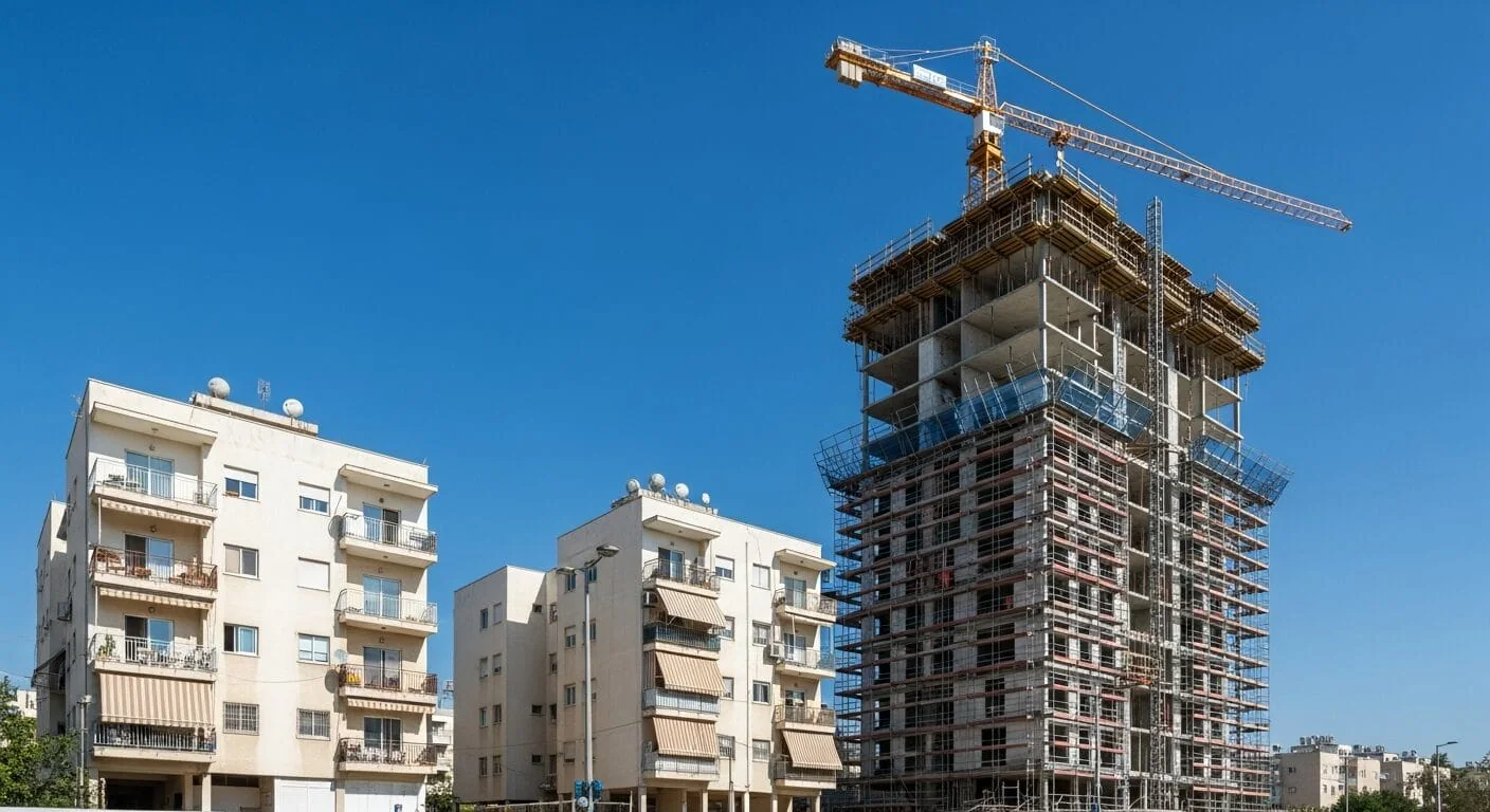 הדמיה: שני בנייני מגורים ישנים, ולצדם שלד של בניין חדש בבנייה עם מנוף