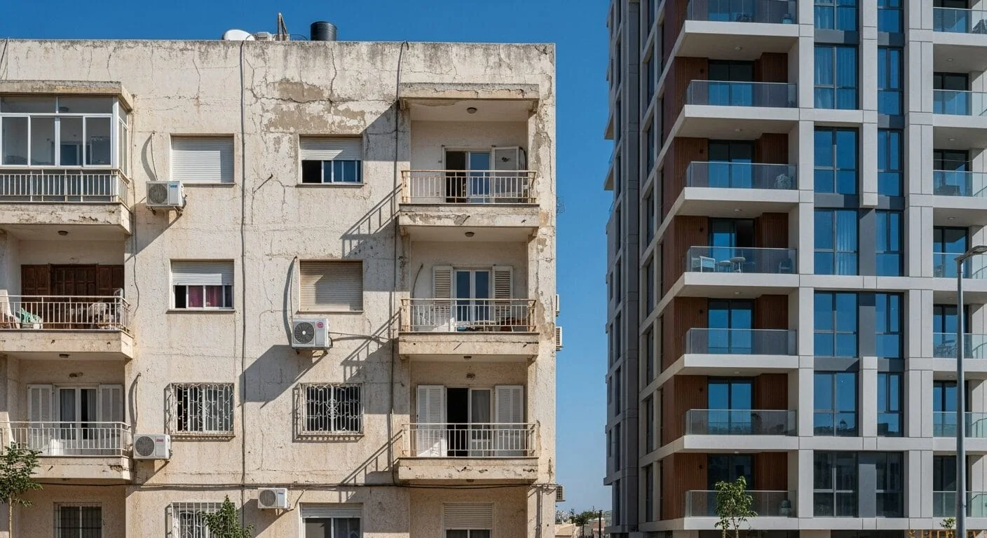 הדמיה: בניין מגורים ישן עם טיח מתקלף, ולצדו מגדל מגורים חדש
