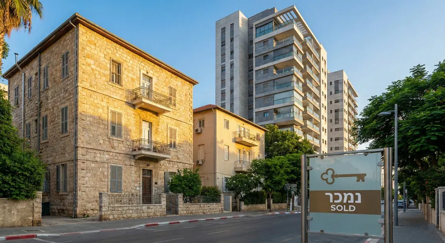 איור: בניין אבן ותיק לצד מגדלי מגורים חדשים ושלט «נמכר»